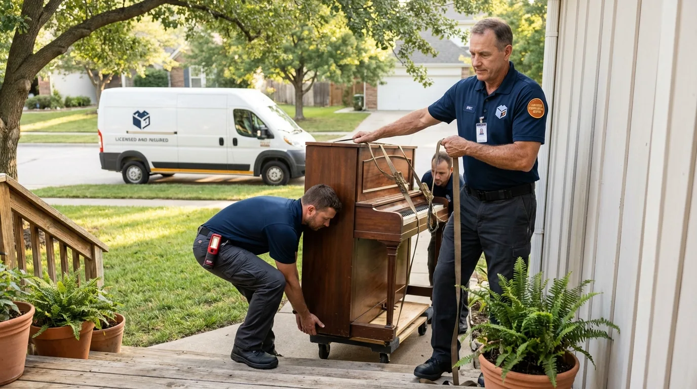 Licensed piano movers securing grand piano in Sugarcreek, OH