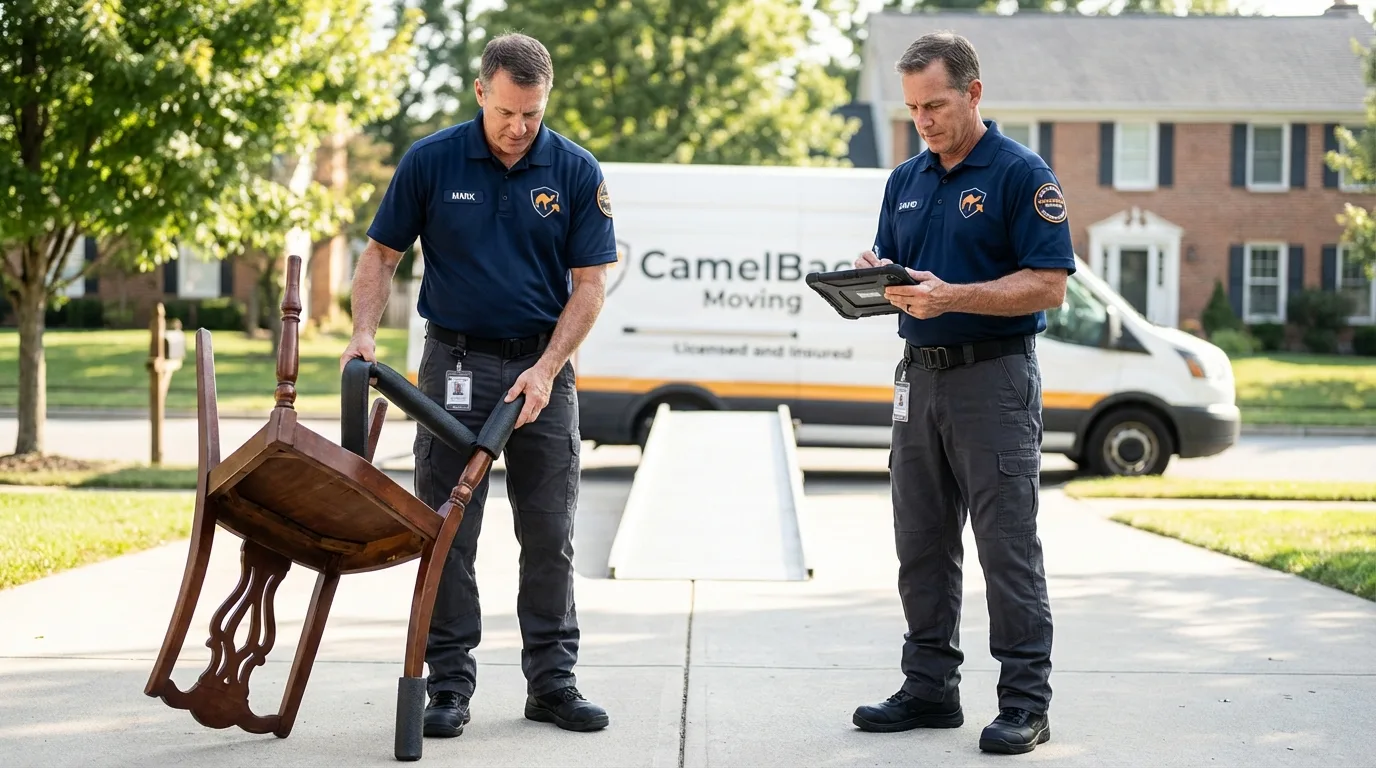 Movers inspecting furniture for damage prevention before loading in Sugarcreek, OH